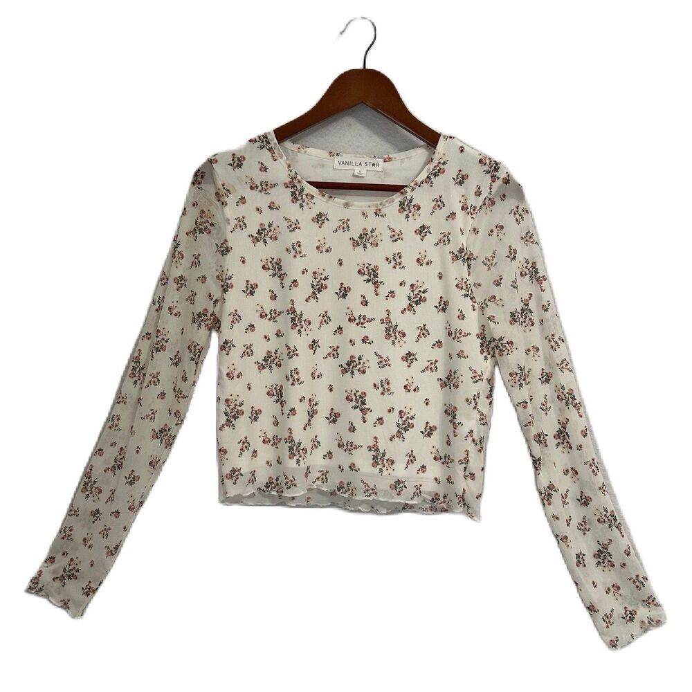 Vanilla Star Crop Top Women L Cream Floral Lined Sheer Lettuce Edge Boho Feminin